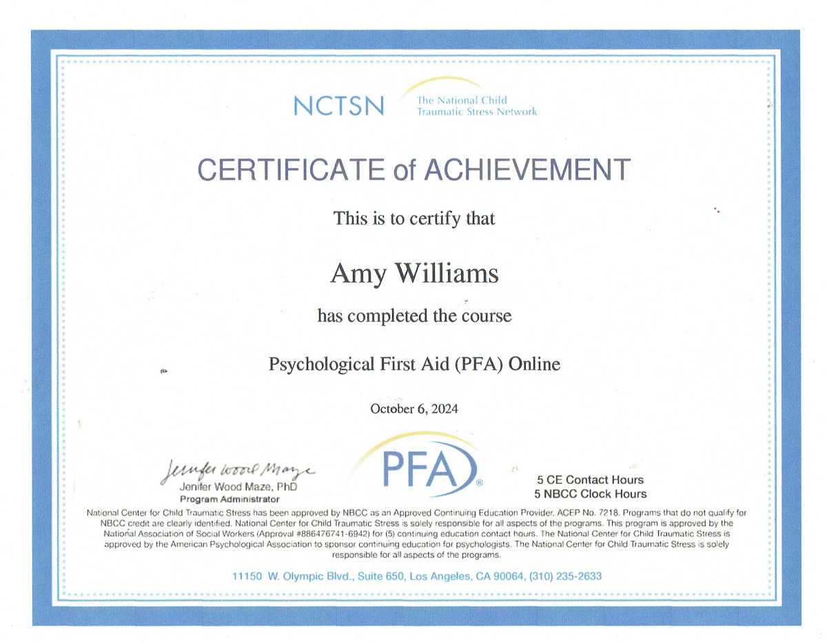 Certifivate for psychological first aid training